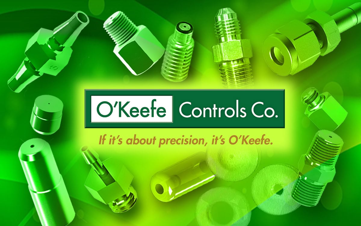 O'keefe Controls logo with various precision orifices in the background
